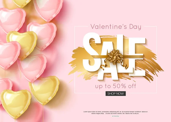 バレンタインの日の販売は、ピンクとゴールドのハート形の風船をデザインします。ベクトル ショッピング割引 — ストックベクタ