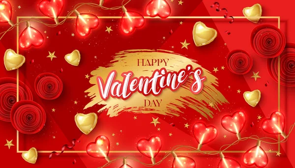 Joyeuse carte Saint Valentin avec ampoule coeur, ballon doré, coup de pinceau. Illustration vectorielle guirlande vacances — Image vectorielle