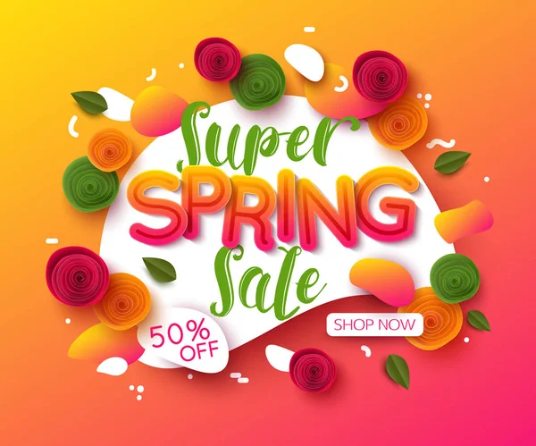 Fondo colorido de la venta de primavera con flores y hojas cortadas de papel — Vector de stock
