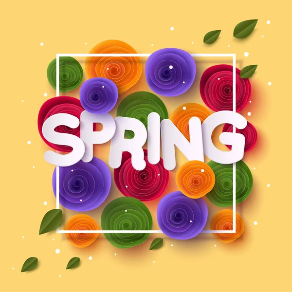 Spring background with paper cut flowers and leaves — Stock Vector
