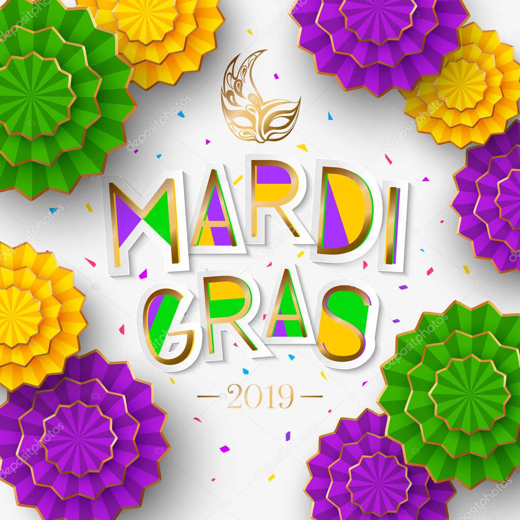 Mardi Gras or Shrove Tuesday lettering design. Colorful paper cut flowers