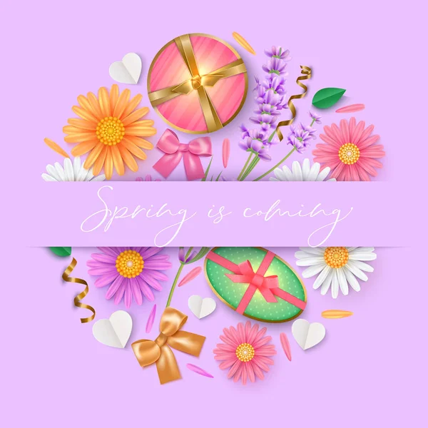 Frühling Hintergrund mit Kamille und Lavendel, Geschenkbox und Schleife — Stockvektor