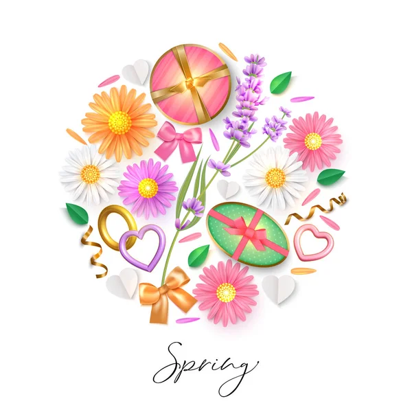 Frühling Hintergrund mit Kamille und Lavendel, Geschenkbox und Schleife — Stockvektor