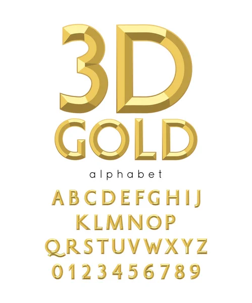 Vector 3d alfabeto de oro y fuente. Letras y números — Vector de stock