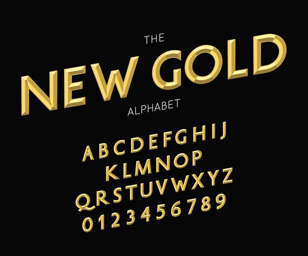 Vektor nytt guld alfabet och typsnitt. Bokstäver och siffror — Stock vektor