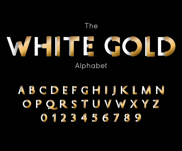 Carattere e alfabeto White Gold. Lettere e numeri vettoriali — Vettoriale Stock