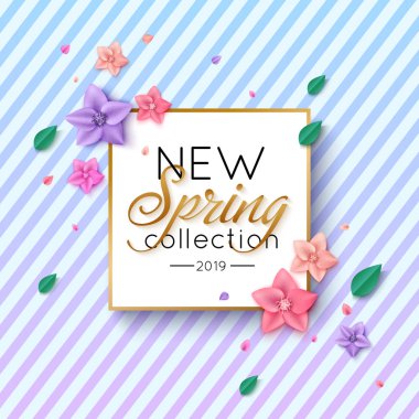 Spring New Collection Banner with colorful flowers and foliage on striped background clipart
