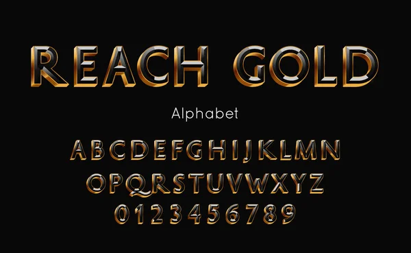 Alcanza el alfabeto y la fuente Gold. Letras y números vectoriales — Vector de stock