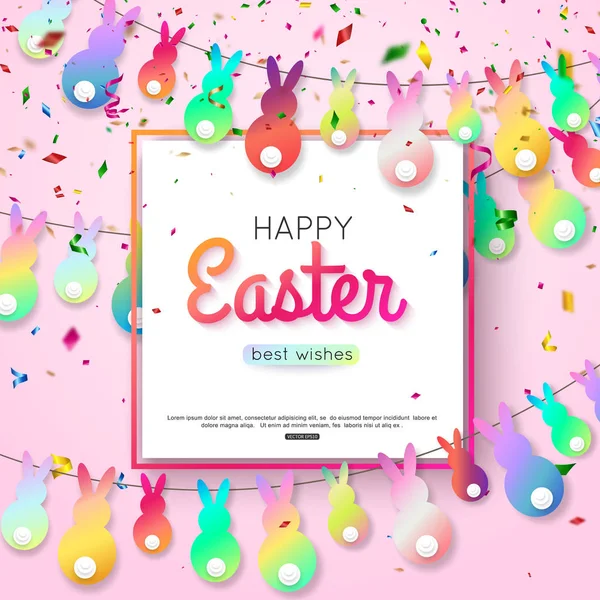 Wielkanoc życzenia kartki z wiszącym królika i kolorowe konfetti — Wektor stockowy