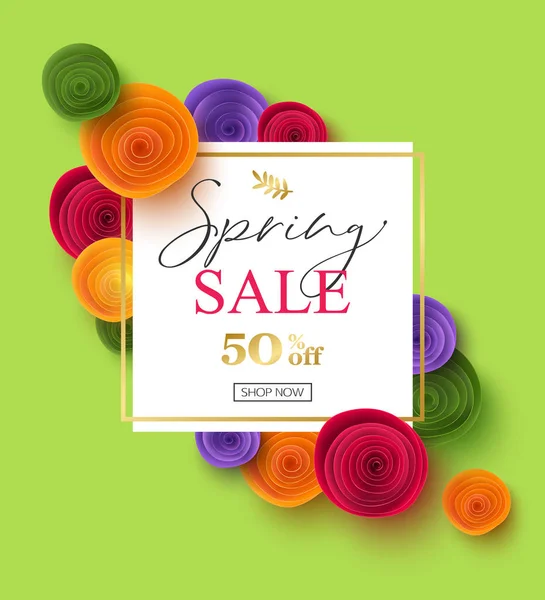 Plantilla de banner de venta de primavera con flores de rosa de papel, ilustración vectorial — Vector de stock