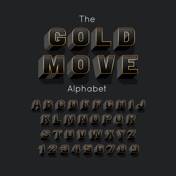 Vektor guld flytta djärva moderna typsnitt och alfabet. 3D-bokstäver och siffror — Stock vektor