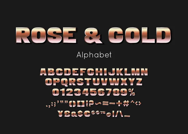 Rose Gold fuente metálica y alfabeto. Vector de lujo letras y números premium — Vector de stock