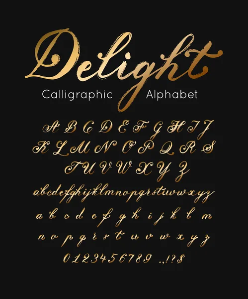 ベクトルゴールドフォントとアルファベット。筆記体と数字のセット。ブラシタイプ ロイヤリティフリーストックベクター