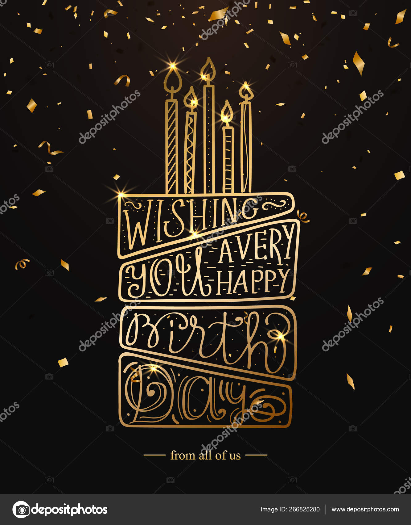 Happy Birthday greeting card design with gold lettering text and confetti.  Vector birthday cake with candles on black background Stock Vector Image by  ©VectorGift #266825280