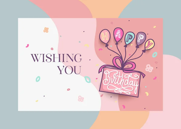 Buon compleanno disegno biglietto di auguri con torta, palloncini colorati e testo lettering — Vettoriale Stock