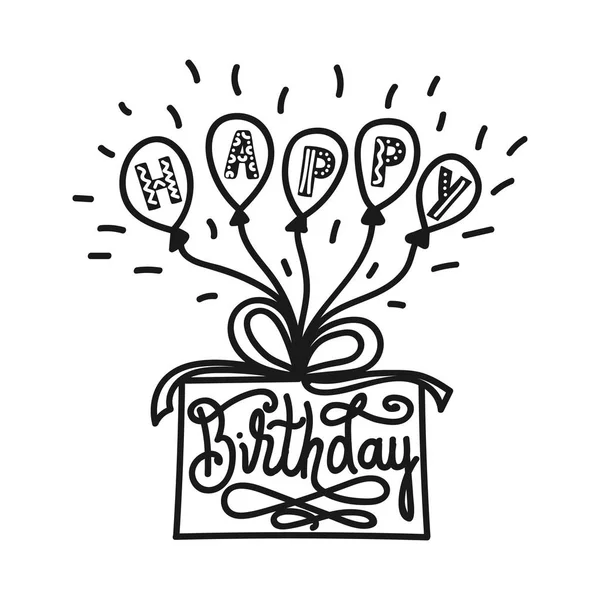 Handgezeichnete Geburtstagstorte mit Luftballons für Karte, Einladung, Kinderfest. Vektor-Schriftzug — Stockvektor