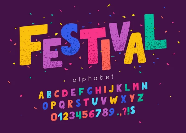 Vector font and alphabet. Abc, english letters and numbers. Festival — Stock Vector