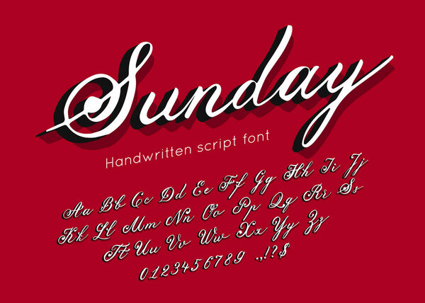 Vector curl handwritten script font and alphabet. Abc, english letters and numbers