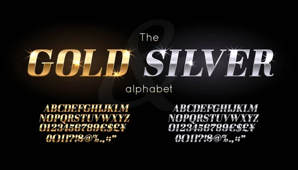 Zilver en goud Serif lettertype en alfabet. Vintage ABC, Vector Engelse letters en cijfers — Stockvector