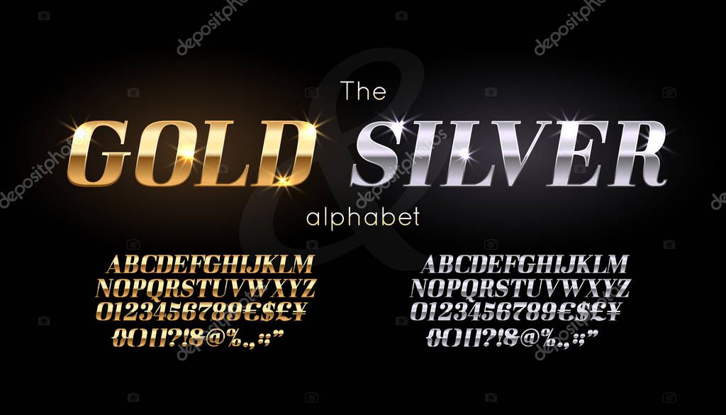 Silver and Gold serif font and alphabet. Vintage abc, vector english letters and numbers