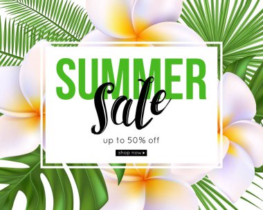 Vektör yaz satış banner tasarım. Plumeria çiçekler
