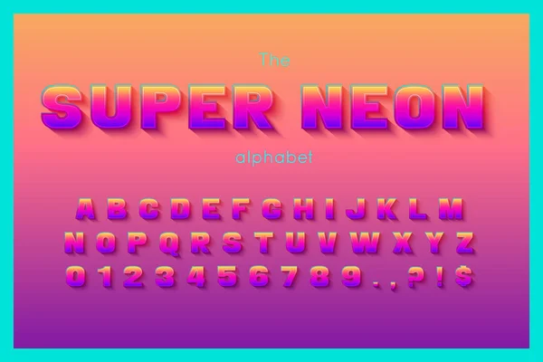 Caratteri vettoriali al neon a colori e alfabeto. Numeri e lettere — Vettoriale Stock
