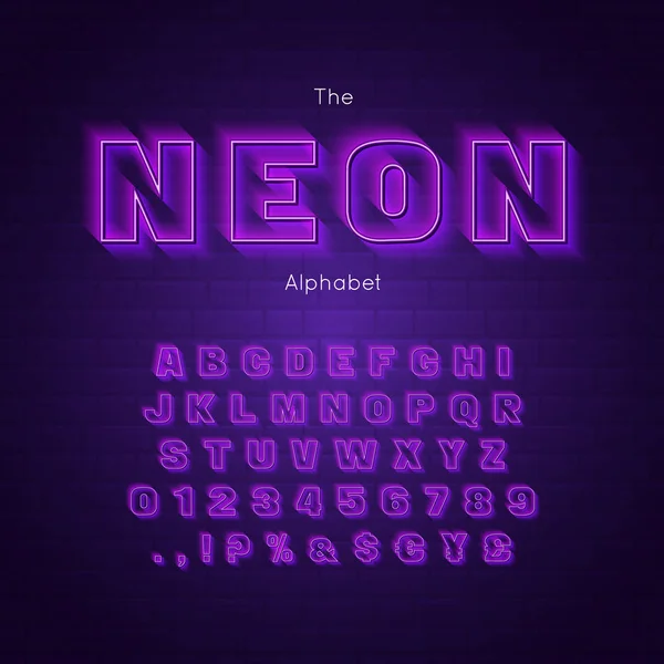 Vector neon font and alphabet. Glowing numbers and letters — Stock Vector