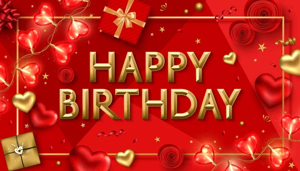 Vektor šťastné narozeniny v pozadí s červeným dárkem, zlatými srdíčka a květinami — Stockový vektor