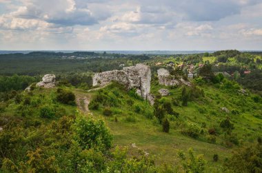 Yeşil kırsal alan. Polonya 'nın Olsztyn kasabasında güzel kayalar.