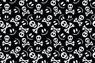 Siyah arka planda kusursuz beyaz kafatası. Kumaş, ambalaj, dekor, kartpostallar, arka plan için uygundur..