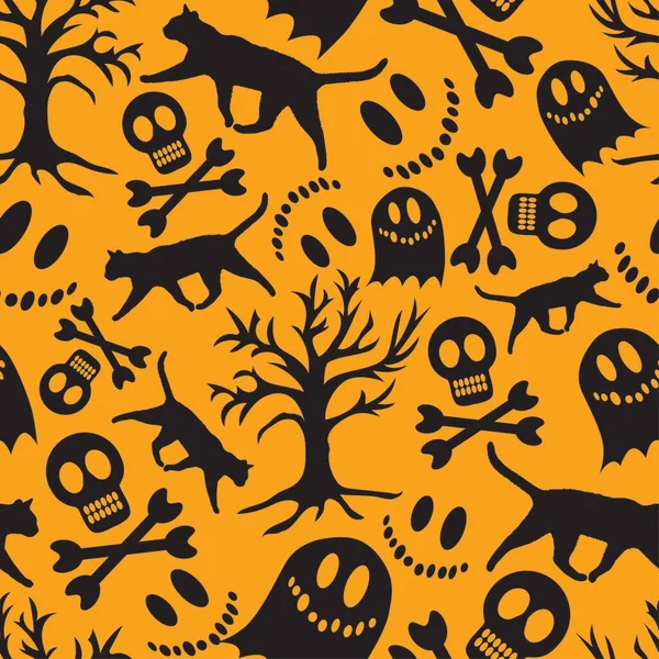 Halloween Seamless White Skull Cat Tree Orange Background Suitable Fabric — Stock Photo, Image