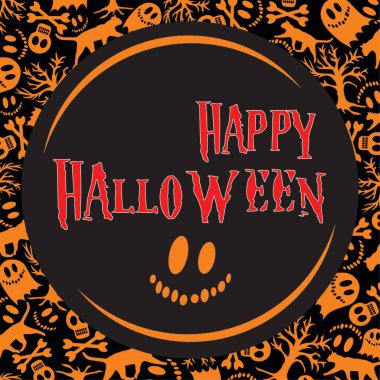 Kafatasları, kedileri, ağaçları, hayaletleri olan bir çerçevede cadılar bayramı yazıları. Kumaş, ambalaj, dekor, kartpostallar, arka plan için uygundur..