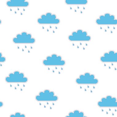Mavi bulutlar ve beyaz arka planda yağmur deseni. Kartlar, dekor, arkaplan, ambalaj için kullanılabilir.