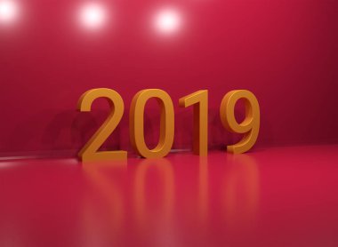 2019 mutlu yeni yıl. Tebrik kartı altın numaraları tasarımı. Altın parlayan desen. Happy New Year Banner parlak zemin üzerine 2019 sayılarla.