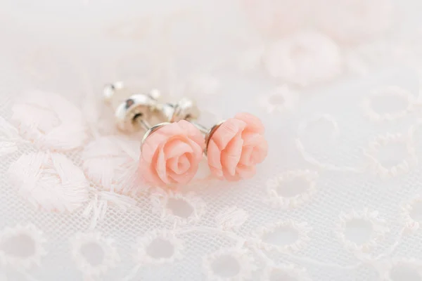 Pink Little Roses Earring Studs Lace Cute Jewelry Child Girl — Stock Photo, Image