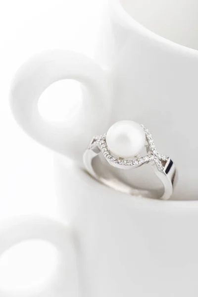 Silver Ring Big Pearl Diamonds White Background — Stock Photo, Image