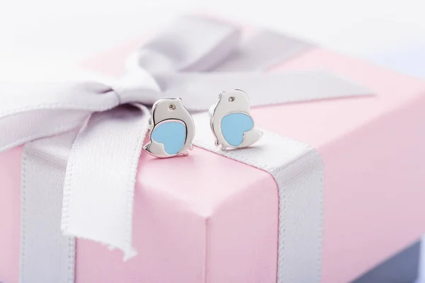 Σχήμα Πουλιού Ασημένια Σκουλαρίκια Μπλε Καρδιά Ροζ Δώρο Κουτί Τόξο — Φωτογραφία Αρχείου