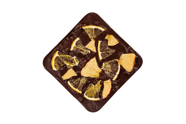 Barra Chocolate Amargo Com Laranja Seca Flocos Maçã Isolados — Fotografia de Stock