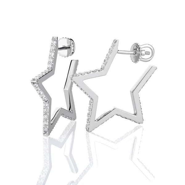 ホワイトを基調としたダイヤモンドで飾られた星型のシルバーピアススタッド ストックフォト