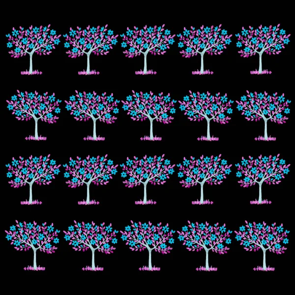 Pink Trees Blue Flowers Black Background Repeating Hand Drawn Drawing — Stock Photo, Image