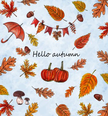 Sonbahar temasındaki desen mavi bir gökyüzü arka planında