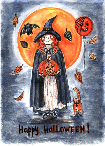 魔女の格好をした女の子 黒いマントと帽子で 満月の背景にカボチャを持っています 近くには赤い猫がいます 水彩画 — ストック写真
