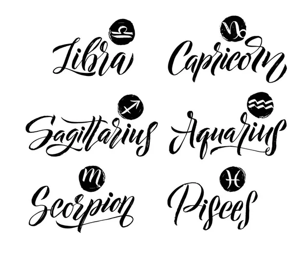 Caligrafia Zodiac Signs Set Horóscopo Desenhado Mão Símbolos Astrologia Letras —  Vetores de Stock