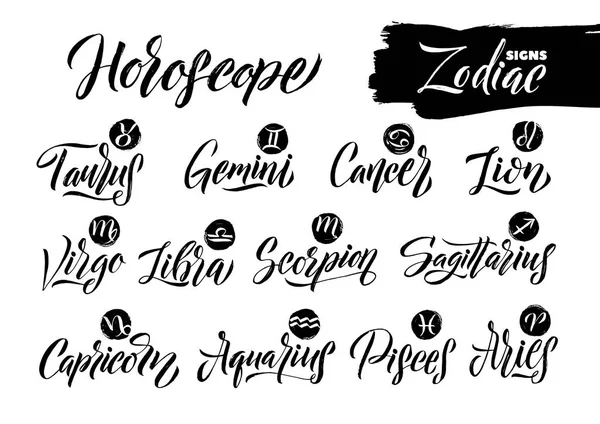 Conjunto Signos Del Zodíaco Caligrafía Sobre Fondo Blanco Horóscopo Dibujado — Vector de stock