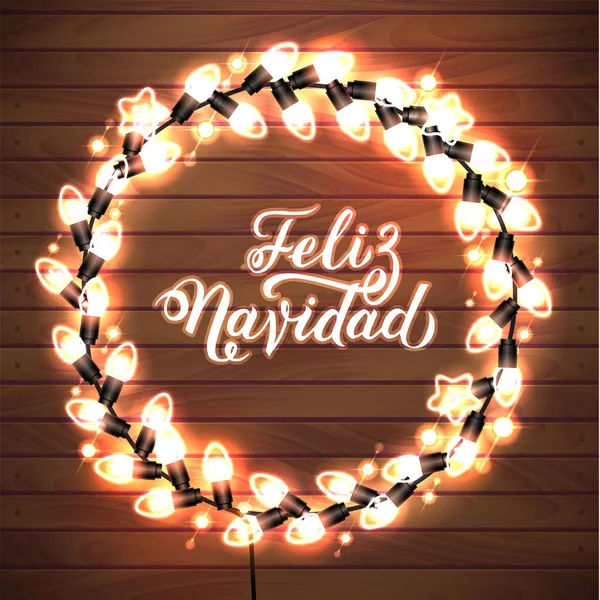 Feliz Navidad Merry Christmas Spanish Glowing Christmas White Lights Wreath — Stock Vector