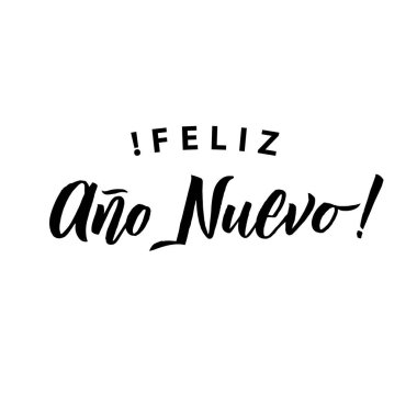 Mutlu yeni yıl kontur İspanyol hat. Tebrik kartı tipografi beyaz arka planda siyah.