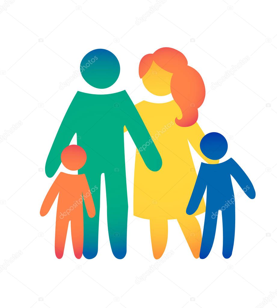 Happy family icon multicolored in simple figures. Two children, dad and mom stand together. Vector can be used as logotype.
