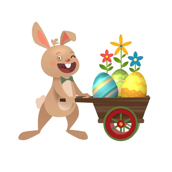Поздравительная открытка на Пасху с яйцами, корзиной и кроликом. Милый пасхальный кролик с красочными яйцами. Векторная иллюстрация . — стоковый вектор