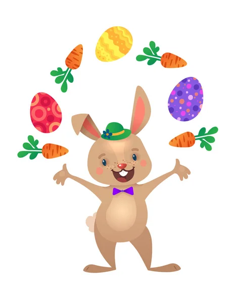 Поздравительная открытка на Пасху с Банни и Летающими Яйцами. Милый пасхальный кролик с разноцветным яйцом. Векторная иллюстрация — стоковый вектор