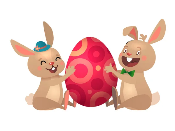 快乐的复活节贺卡与鸡蛋和兔子。两个棕色可爱的复活节兔子与五颜六色的鸡蛋。向量例证. — 图库矢量图片